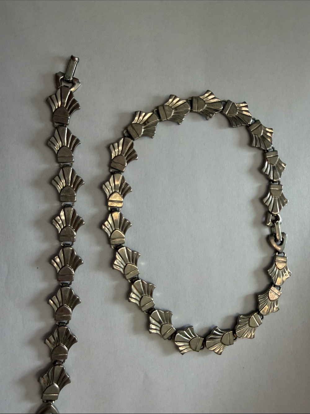 Vintage Sterling Silver Fan-Link Necklace and Bracelet Set
